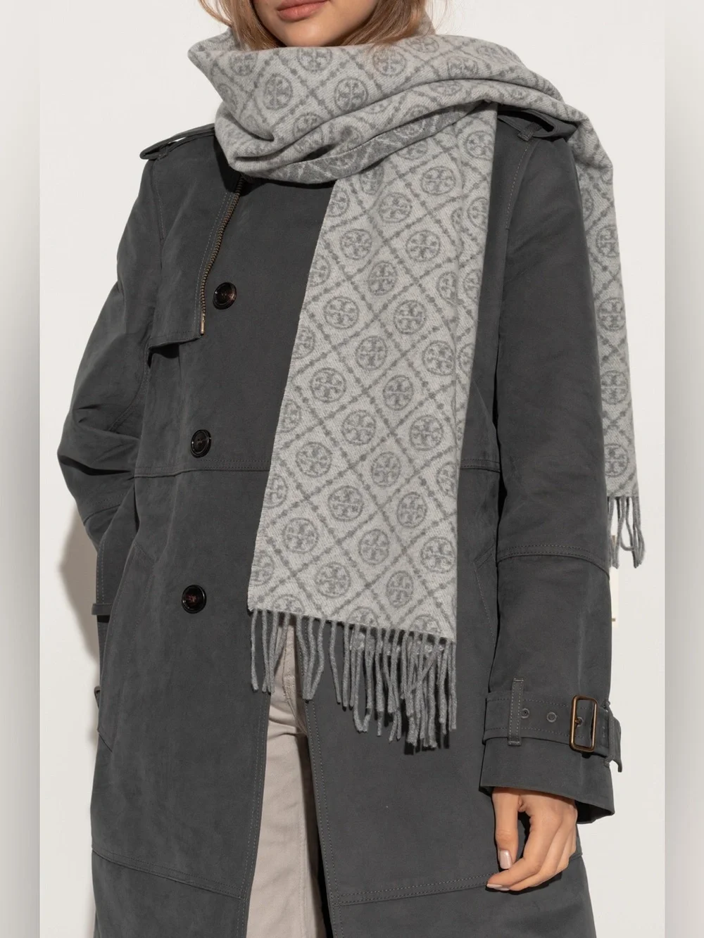 Tory Burch Gray Monogram Scarf with Fringe